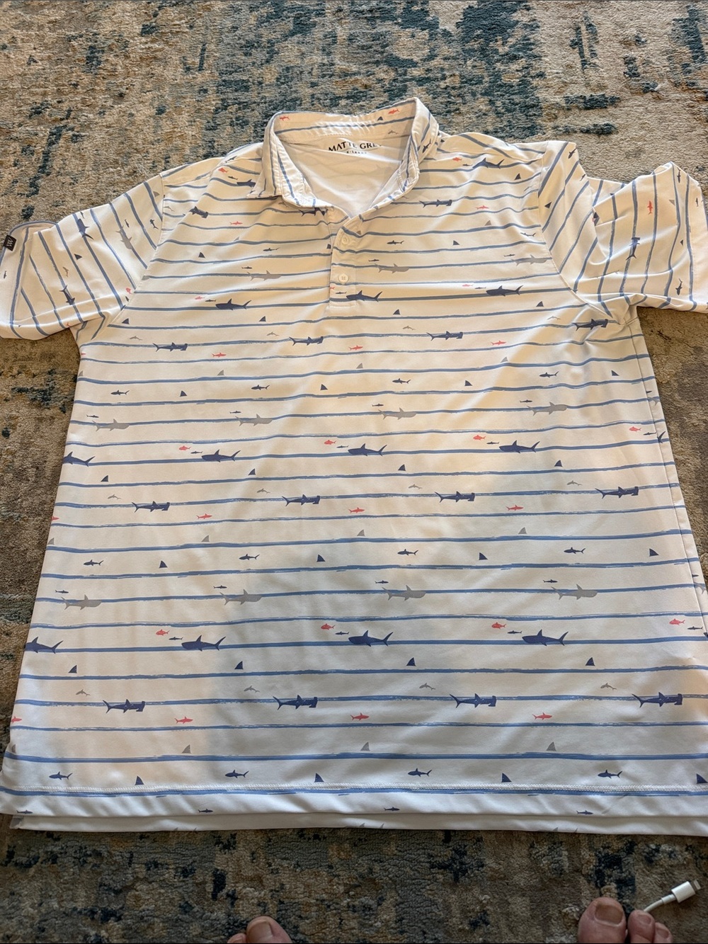 Matte Gray White Polo with Blue and Coral Shark Stripe